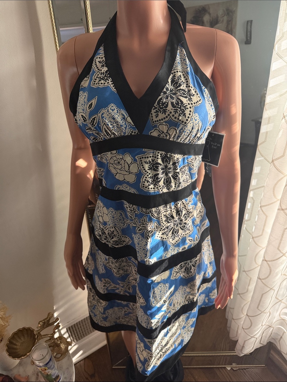 Blue Floral Halter Dress with Black Trim